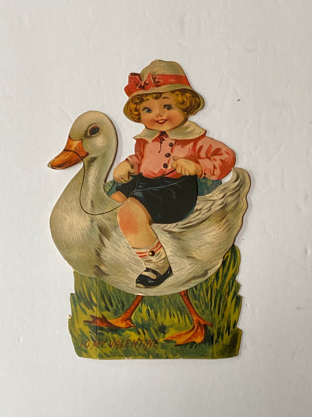 Antique Mechanical Valentine - Boy Riding Goose or Duck -by Gibson Art ...