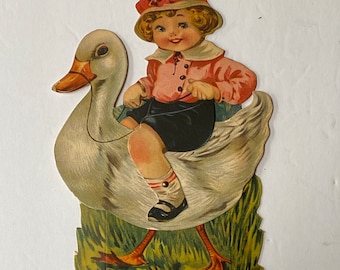 Antique Mechanical Valentine - Boy Riding Goose or Duck -by Gibson Art