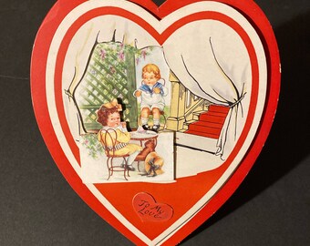 Large Vintage Sturdy Stand Up Valentine Card - 2 Layer Heart with Children Eating Ice Cream