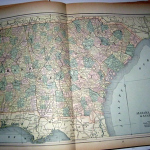 Antique  Map from 1891  New Popular Atlas of the World -  Alabama, Georgia, and South Carolina  or North Carolin and Florida