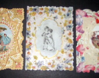 3 Vintage Floral Bordered, Fancy Edge Valentine Cards