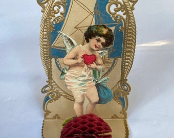 Vintage Pop Up  Fold Out Dimensional Valentine Card -  Cupid, Red Honeycomb