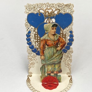 Vintage Pop Up  Fold Out Dimensional Valentine Card -  Woman with Fish,Blue Hearts, Red Honeycomb