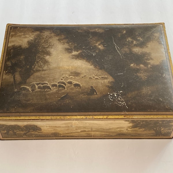 Vintage NBC  (Nabisco) Uneeda Cookie Biscuit Tin - Pastoral Scene, Sheep