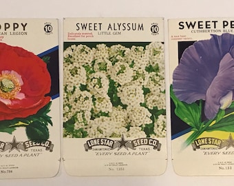 3 Unused Vintage (1940s) Flowe Seed Packets  - Poppy, Sweet Alyssum, and Sweet Pea - for Display, Collage, Scrapbooking, etc. NOS