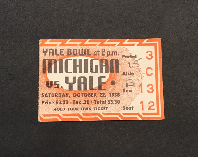 Vintage 1938 College Football Ticket Stub Michigan Vs Yale, Saturday, October 22, 1038, 2.P.M at