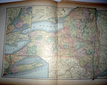 Antique Map from 1891 New Popular Atlas of the World - New York State or Brooklyn and Northern New York City