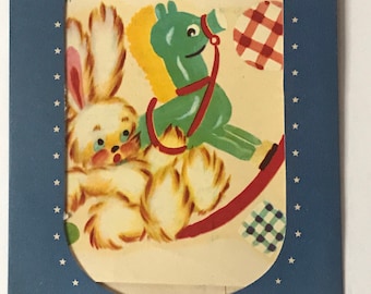 Vintage (1950s) Meyercord Decal for Retro Decorating Child’s Room, Accessories  - Bunny Falling off Rocking Horse