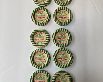 Vintage Milk Bottle Caps Lids Tops - Ten for Scrapbooking, Altered Art, Crafts - Green and White Striped -.Lynworth Farm, Fulton, NY