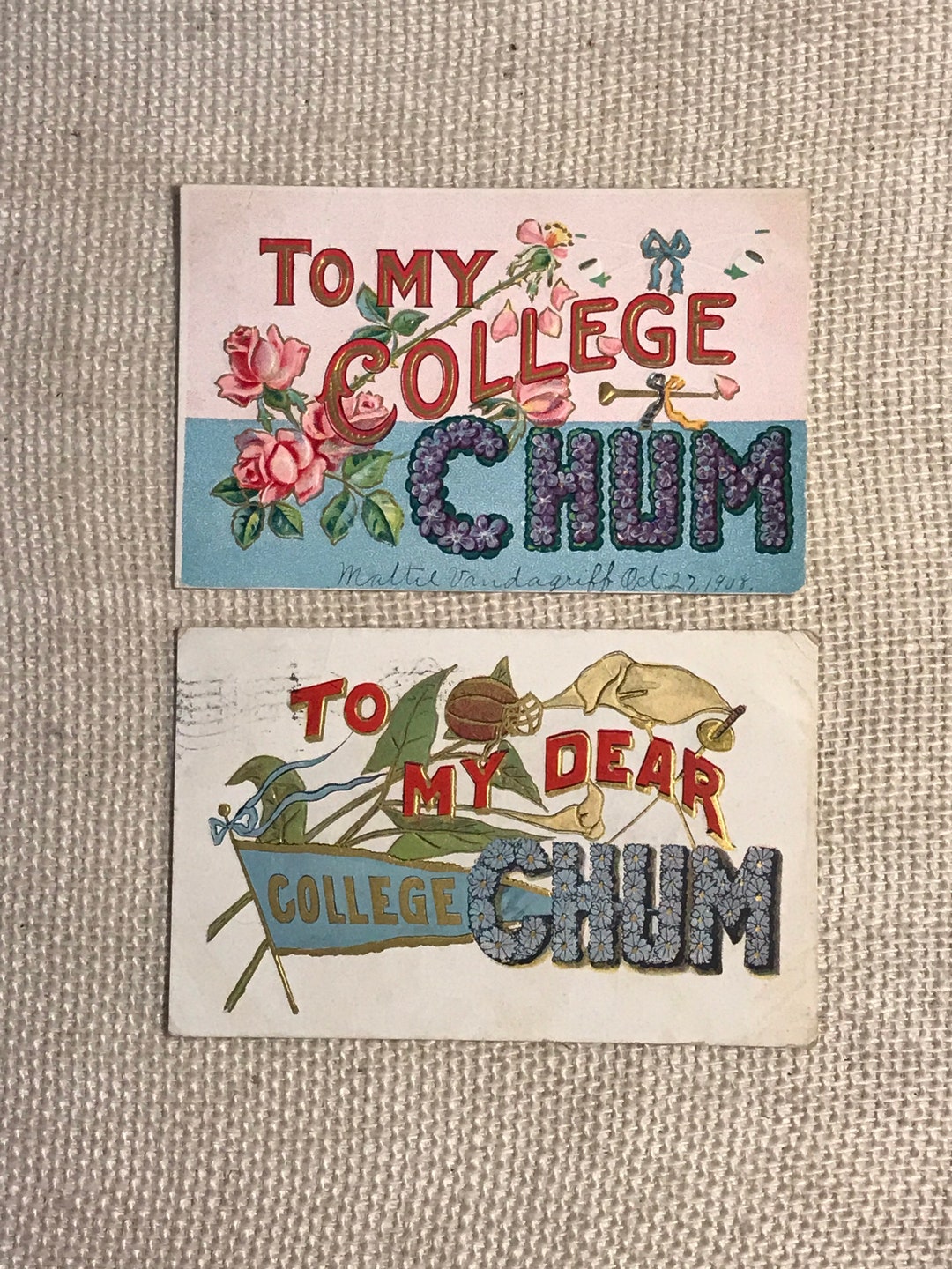 Chum Letters 2 Antique Large Letter Floral Postcards - to My College Chum, to My ...