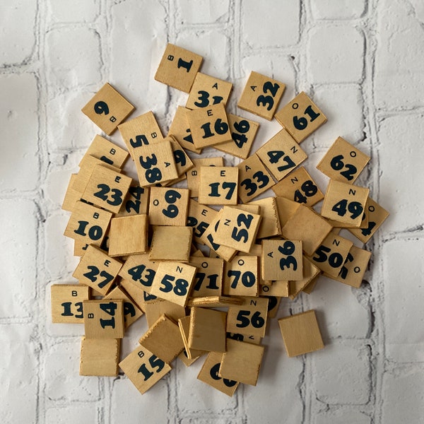 Vintage (1930s) Square Wood Beano Numbers for Repurposing , Scrapbooking, Collage, Crafts