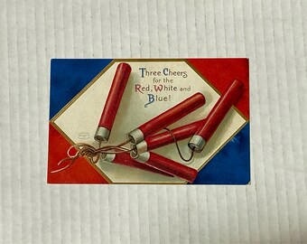 Antique Unused Patriotic Postcard - Firecrackers, Red, White and Blue - Unsigned Ellen Clapsaddle - Fourth of July