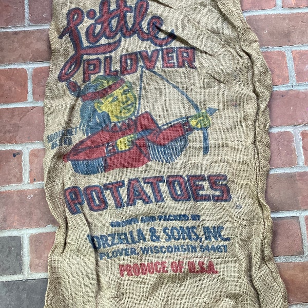 Vintage Burlap Potato Sack for Repurposing - Little Plover Potatoes, Plover, Wisconsin - Native American with Bow and Arrow