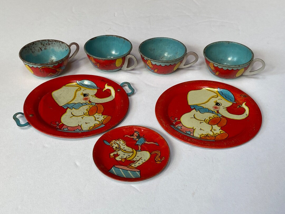 Vintage or Antique Tin Toy Tea Set Parts 4 Tin Tea Cups, Serving Plate