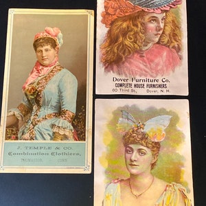 3 Antique Trade Cards - Ladies in Hats, Advertising Clothiers and House Furnishings