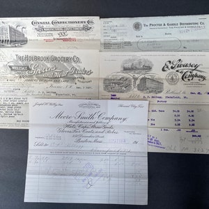Antique (1918-1921) ) Ephemera - 5 Invoices Receipts  - Confectionery, Grocers, Pottery, Hats, Procter &  Gamble