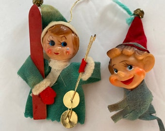 2 Vintage (1950s) Felt Elf Christmas Tree Ornaments