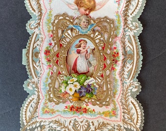 Antique  (1920s) Layered Paper Lace Valentine Card - Cupids, Flowers, Little Girl