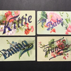 ONE Antique Large Letter Floral Glittered Name Postcard -Babe