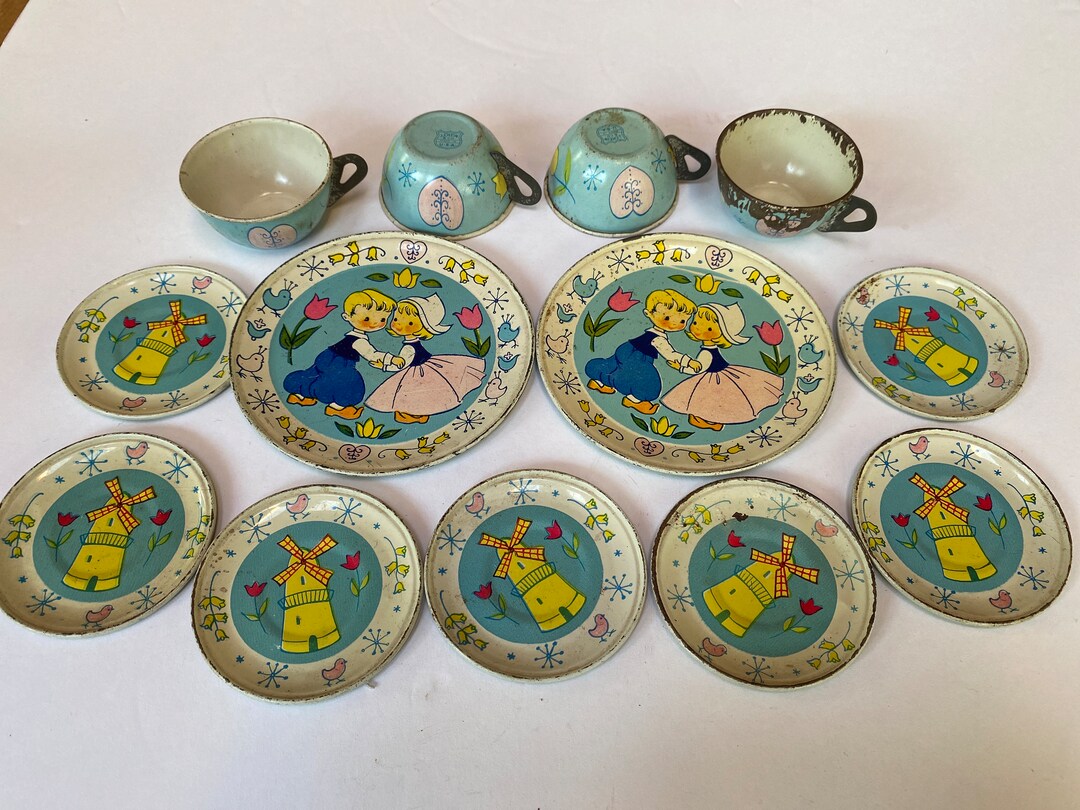 Vintage Tin Toy Tea Set Parts 4 Tin Tea Cups, 2 Plates and 7 Saucers