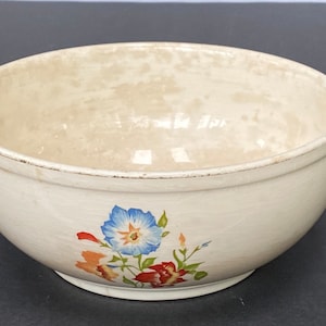 May include: A white ceramic bowl with a floral design. The bowl has a blue flower with orange and red accents.