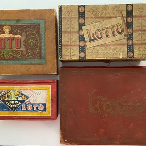 May include: Four vintage wooden boxes with the word "LOTTO" printed on them. The boxes are in various shades of brown and red with gold lettering. One box has a cherub design and the words "Jeu de LOTO" printed on it.