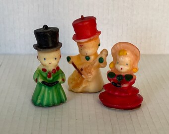 Three Small Vintage (1940s) Tavern Novelty Candles -  Musician, Boy Caroller and Girl Caroller- Part of Tavern Caroller Set