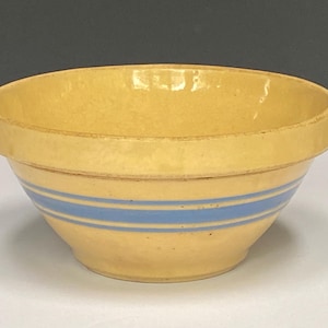 Pretty Yellow Ware  Vintage  8” Mixing  Bowl with 3 Blue Stripes