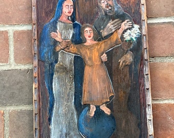 Antique (1922) New Mexican Primitive Folk Art Retablo - The Holy Family