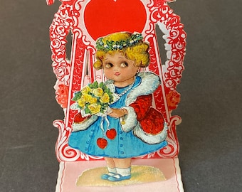 Vintage Pop Up  Fold Out Dimensional Valentine Card -  Girl with Roses and Hearts - Maybe Chloe Preston Design