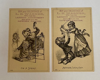 2 Antique Comical Trade Cards - Buy Your Valentines of L. B. Warner - Great Addition to a Valentine Card Collection