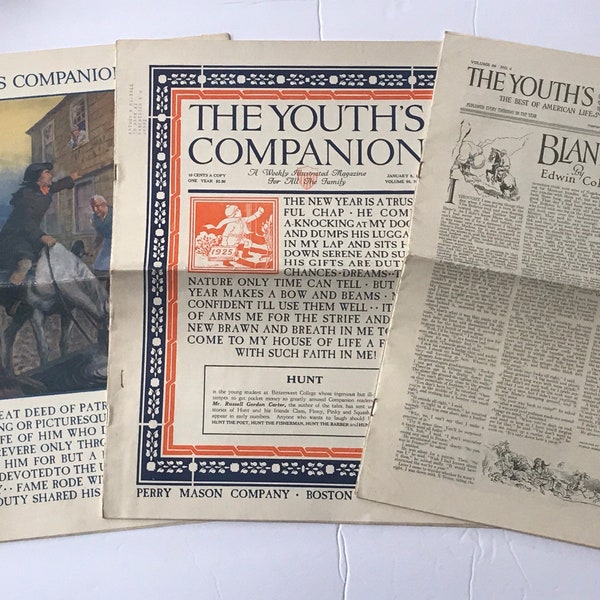 Antique ( 1925) Children's Publications - The Youth's Companion, 3 Issues - Jan. 1,8, and Feb 5, 1925