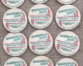 12 Vintage Milk Bottle Caps Lids Tops -  Bakersville  Dairy - Red and Green  for Scrapbooking, Altered Art, Crafts