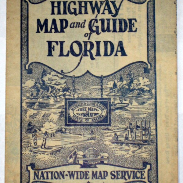 Vintage (1930s) Highway Map and Guide - Florida for Framing or Crafting