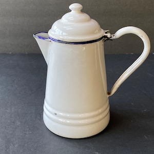 Vintage Enamel Small Coffee Pot with Blue Trim
