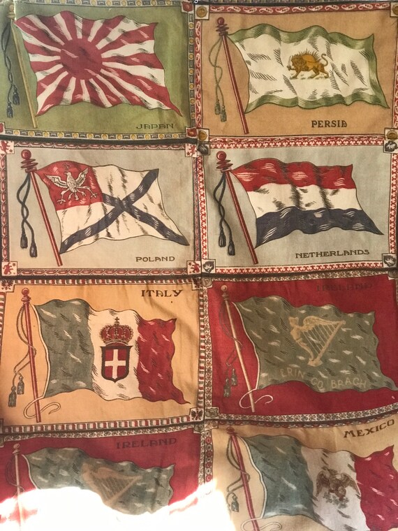 Antique Flannel Patchwork - 16 Antique Tobacco or Cigar or Cigarette Flag Flannels or Felts Sewn Together