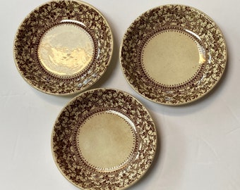 3 Antique 1885 DB&Co Staffordshire Imperial Pattern Brown Transfer 5.25” Bowls