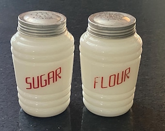 Choose ONE Vintage (30s-40s) Hazel Atlas Milk Glass Sugar or Flour Shaker with Red Letters