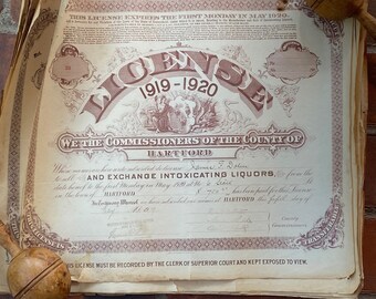 ONE Antique (1919-1920) Liquor License from Hartford, Connecticut - Frame-able, Bar Decor, Man Cave Decor,  etc