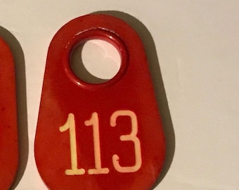 Vintage Red and White Plastic Cattle or Cow Tag for Repurposing- #113