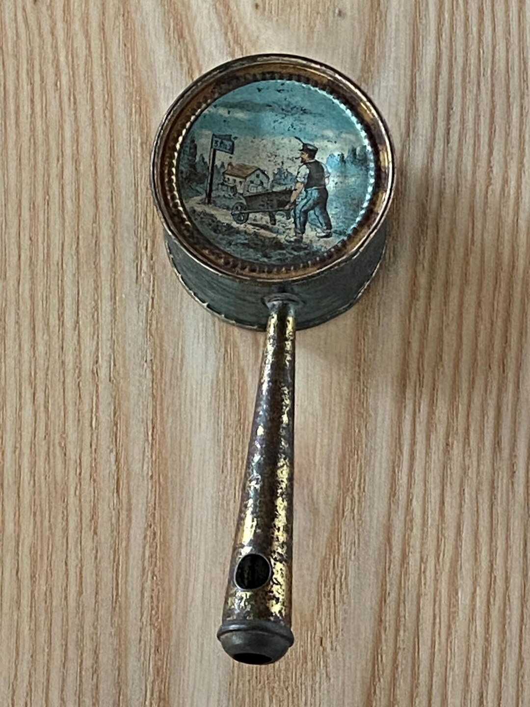 Tin Rattle Antique Tin Rattle/ Whistle Noisemaker- Barrel Shaped With Lithographs ...