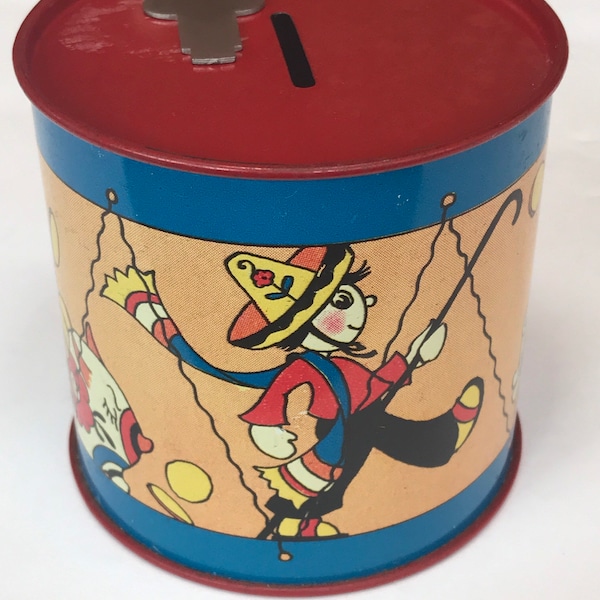 Vintage (1940s) Childs Ohio Art Tin Toy Drum Bank with Key