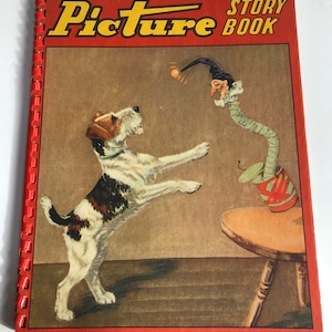 May include: A red and yellow book with the title "Picture Story Book" on the cover. The cover features an illustration of a white and brown dog jumping up to catch a ball thrown by a jester with a long green nose.