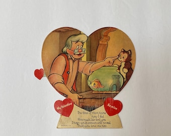 Vintage (1930s)  Mechanical Valentine Card -  Geppetto, Figaro and Cleo