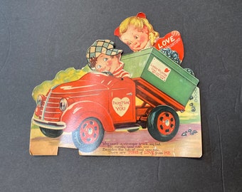 Large Vintage Mechanical Valentine Card - Boy Driving Coal Truck with Girl in Back