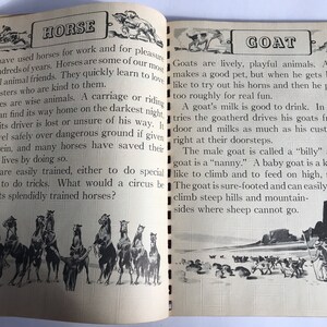 May include: A vintage children's book page with illustrations of horses and goats. The text on the page describes the characteristics and uses of horses and goats. The text reads "Horse" and "Goat".