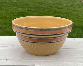 Vintage Yellow Ware 10.5” Mixing Bowl with Blue and Pink Stripes