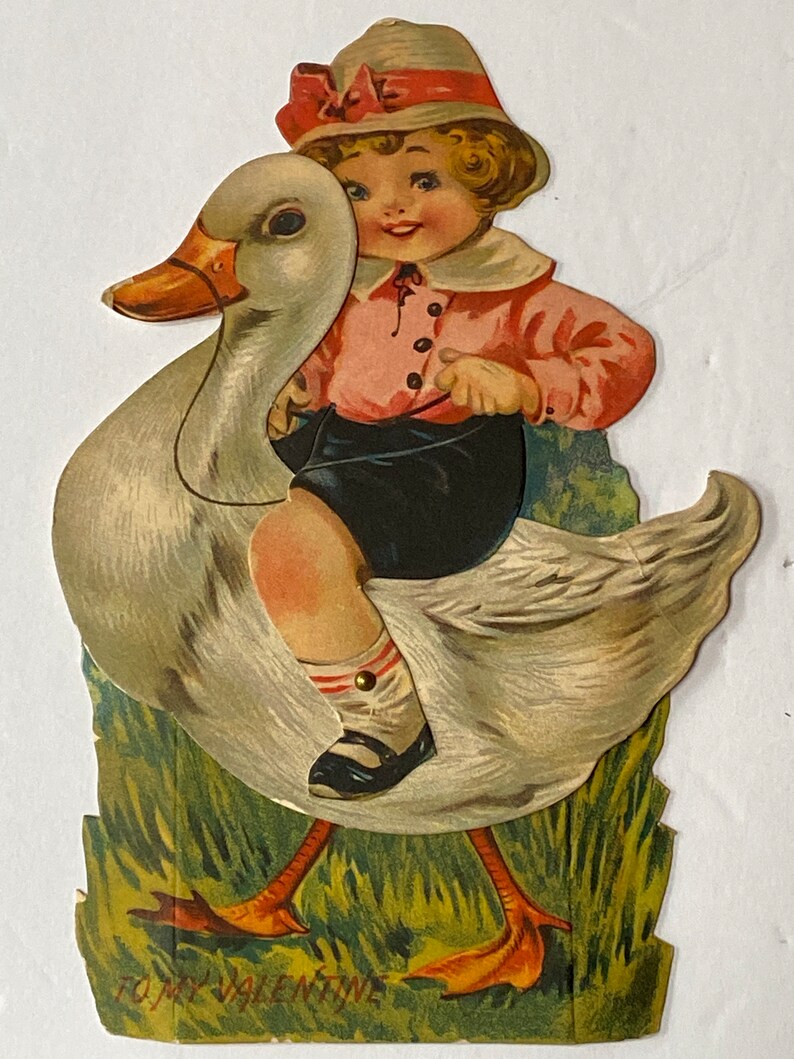 Antique Mechanical Valentine - Boy Riding Goose or Duck -by Gibson Art ...