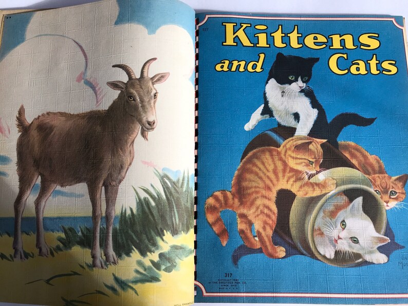 May include: An illustrated book titled "Kittens and Cats" with a brown goat on the left page and a black and white cat, an orange tabby cat, and a white kitten on the right page.