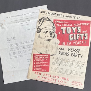 May include: A vintage advertisement for New England Doll & Novelty Co. featuring a cartoon image of Santa Claus with the text "Offers... The Largest Assortment of Toys and Gifts in 29 Years!! For Your Xmas Party".